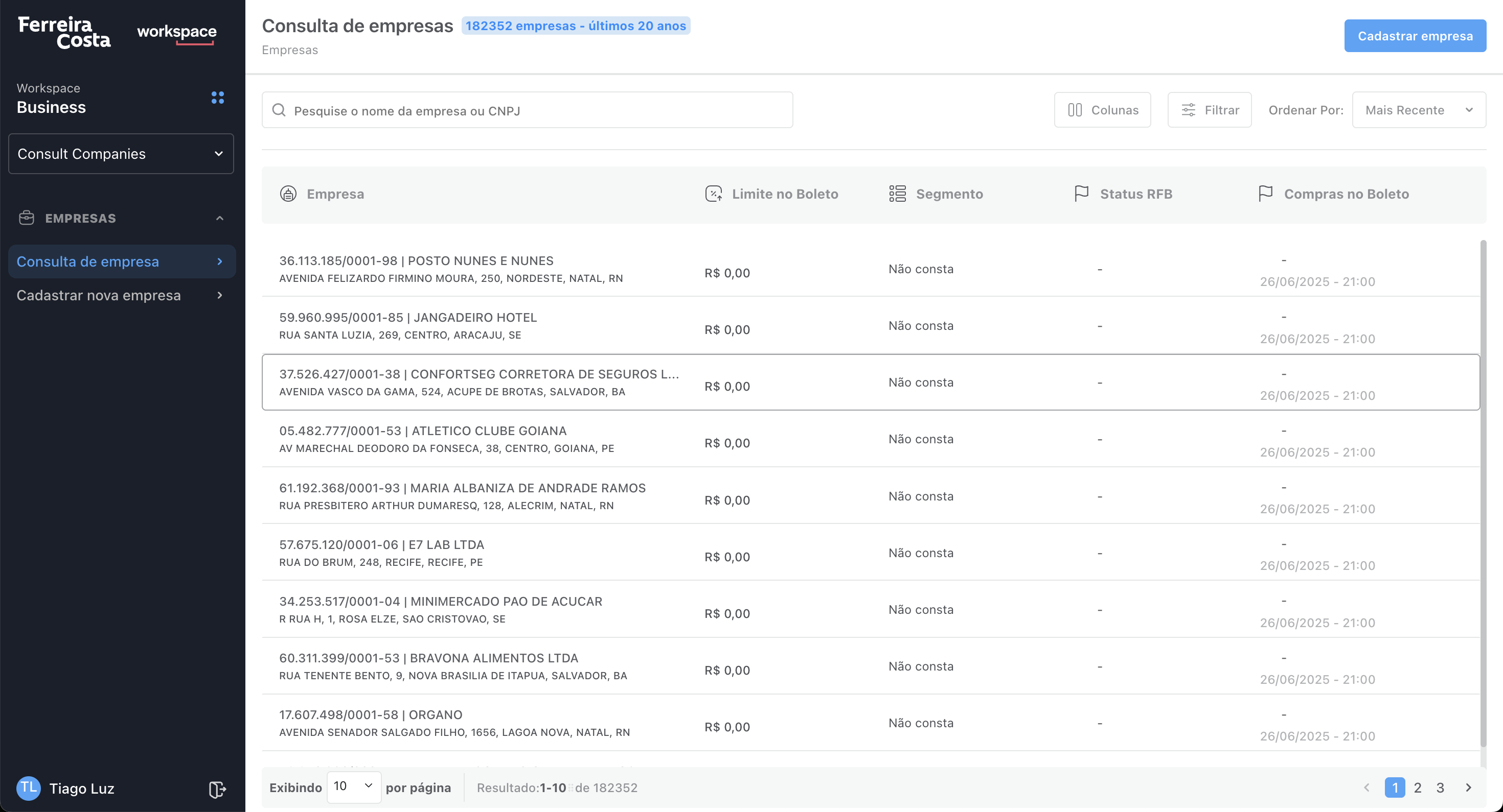 Sistema de Gestão de Clientes B2B - Dashboard Ferreira Costa